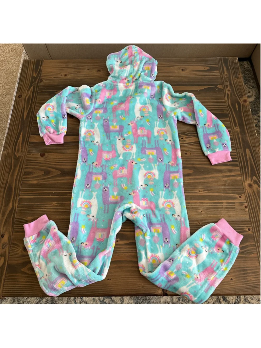 Girls Children's Place Llama Pajama Onesie M 7/8 Blue Pink Hooded Fleece